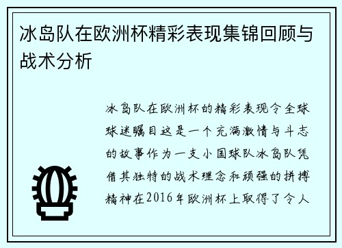 冰岛队在欧洲杯精彩表现集锦回顾与战术分析